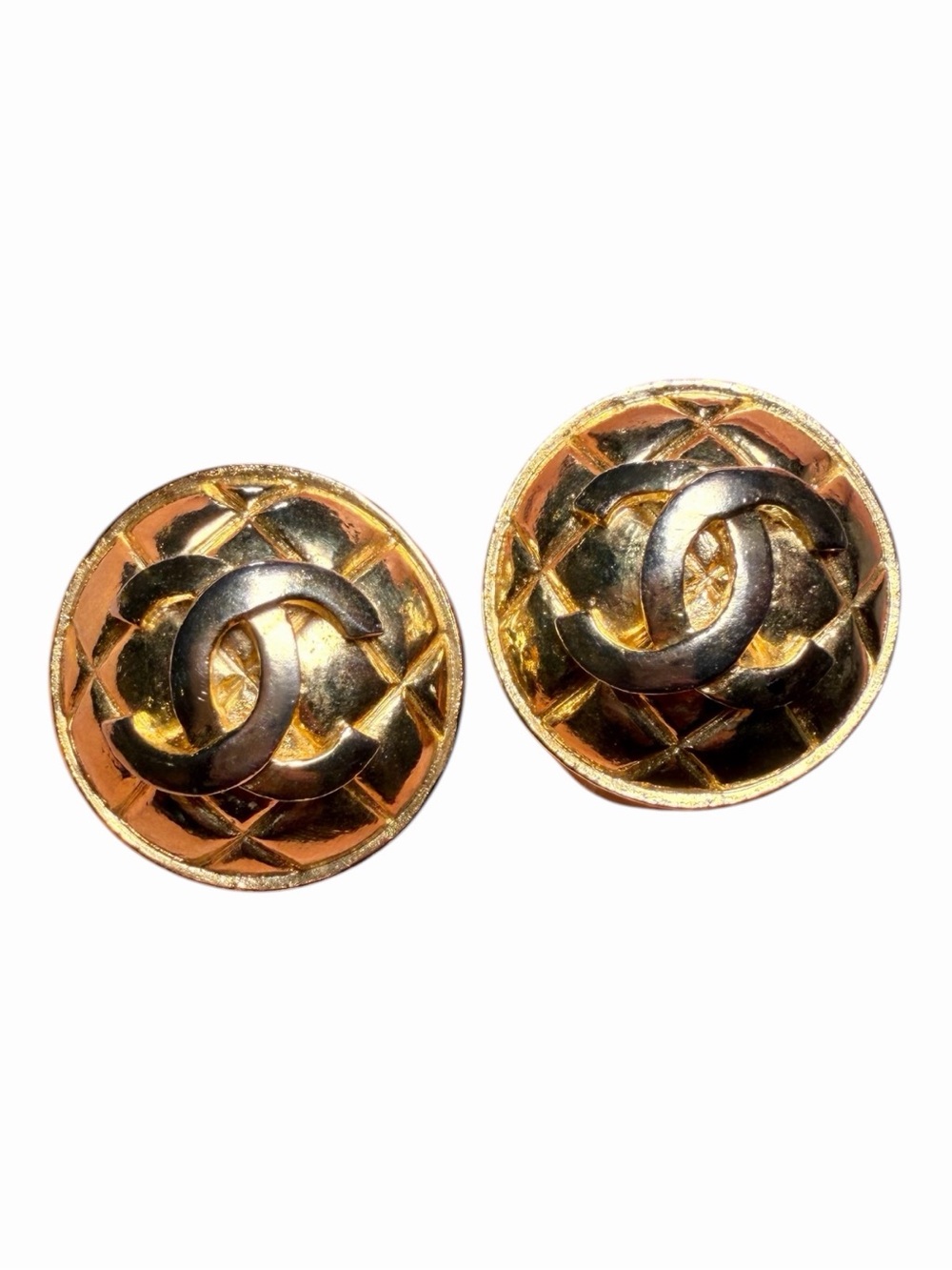Vintage Chanel Gold Plated Quilted CC Logo Button Clip Earrings